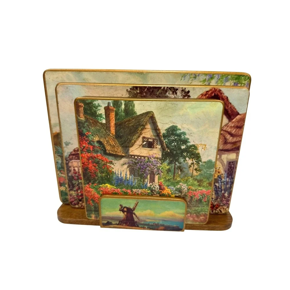 Vintage Win-El-Ware Pictorial Table Mats Set 937 Gardens Countryside With Stand